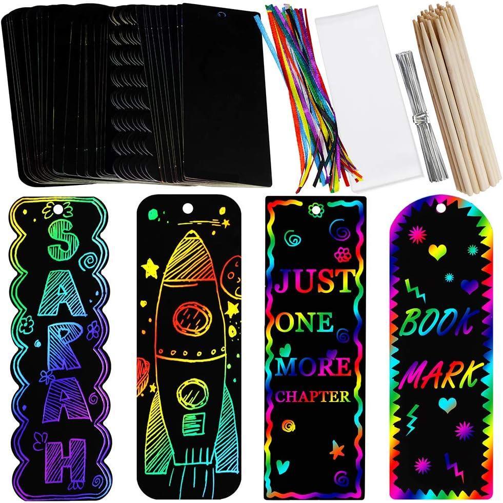 imageSupla 36 Sets 4 Style Magic Scratch Rainbow Bookmarks Making Kit for Kids Students Party Favor Scratch Paper DIY Bookmarks Bulk with Scratching Tools Satin Ribbons for Classroom Activities