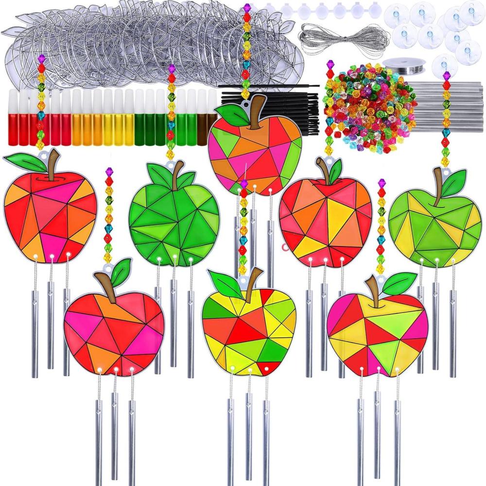 imageWinlyn 24 Sets Apple Suncatchers Wind Chimes Ornaments Decorations DIY Window Paint Art Sun Catchers Rainbow Apple Painting Craft Kits for Kids Summer Camping Party Classroom Activities Art Project