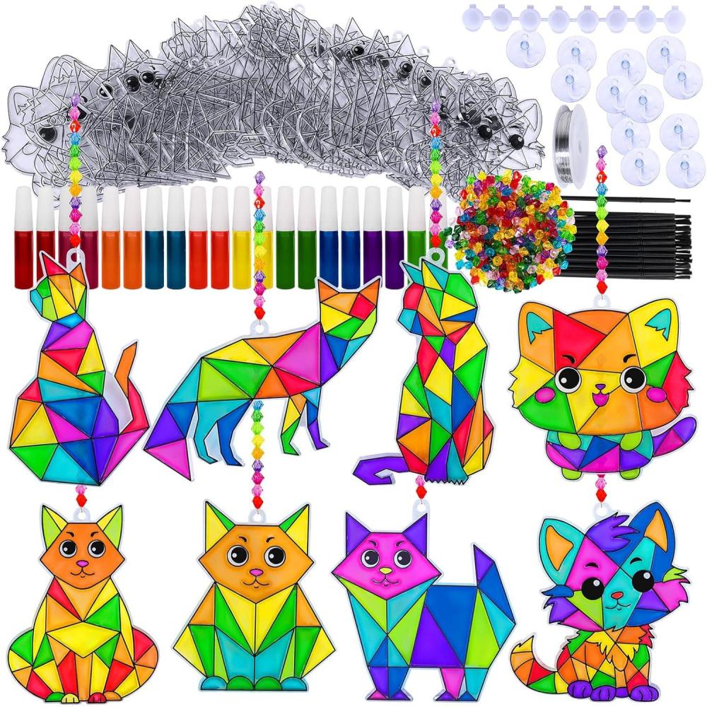imageWinlyn 24 Sets Cat Suncatcher Ornaments Decorations DIY Window Paint Art Craft Kits Rainbow Kitten Sun Catchers Painting Kit for Kids Classroom Activities Birthday Summer Camping Party Art Project