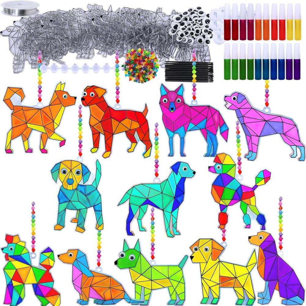 imageWinlyn 24 Sets Dog Suncatcher Decorations DIY Window Paint Art Craft Kits Rainbow Puppy Pet Sun Catcher Painting Kit for Kids Home Classroom School Activities Birthday Summer Camping Party Art Project