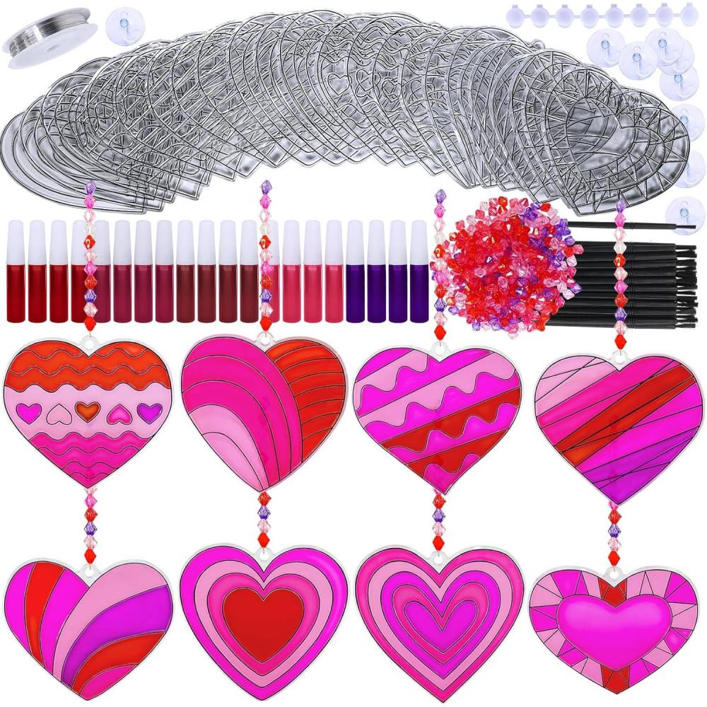 imageWinlyn 24 Sets Heart Suncatchers Ornaments Decorations DIY Window Paint Art Stickers Craft Kits Heart Sun Catchers for Kids Valentines Day Classroom Activities Art Project Party Favors Gift Exchange