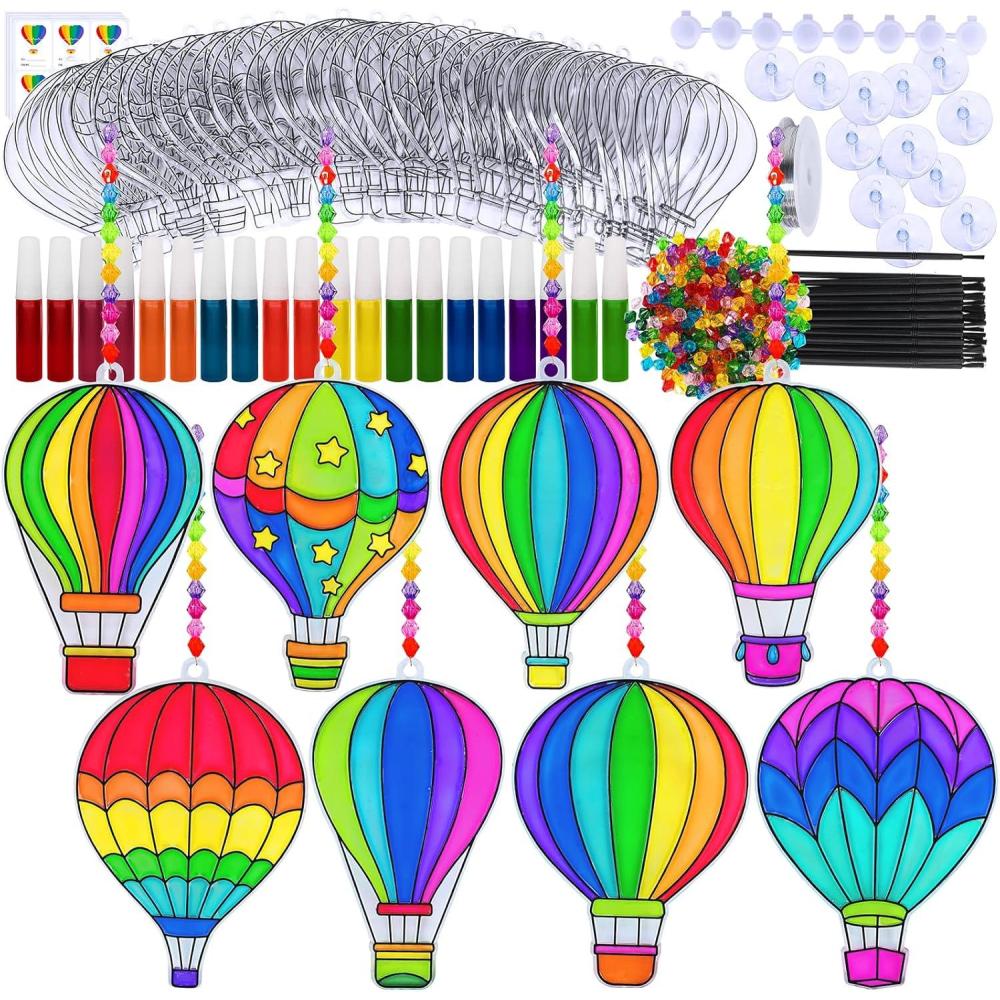 imageWinlyn 24 Sets Hot Air Balloon Suncatchers Decorations DIY Window Paint Art Craft Kits Rainbow Hot Air Balloon Painting Kit for Kids Classroom Activities Birthday Summer Camping Party Art Project