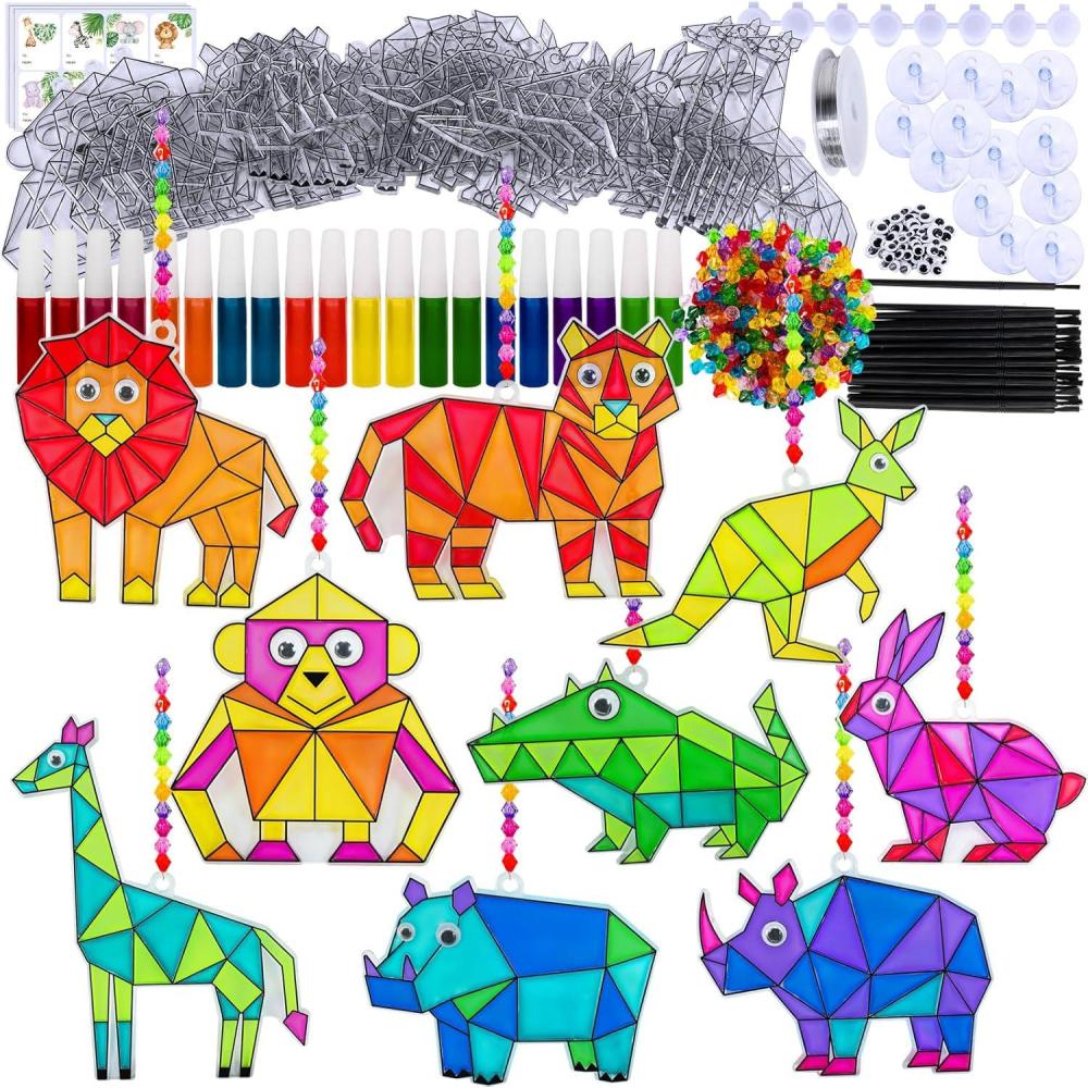 imageWinlyn 24 Sets Jungle Animal Suncatcher Decorations DIY Window Paint Art Craft Kits Safari Animal Sun Catchers Rainbow Painting Kit for Kids Classroom Activities Summer Camping VBS Party Art Project
