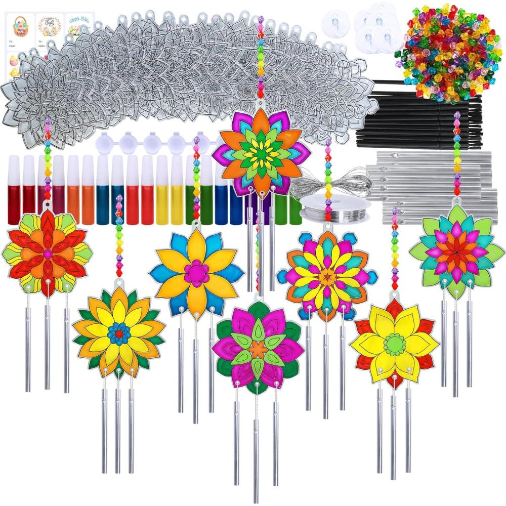imageWinlyn 24 Sets Lotus Flower Suncatcher Wind Chimes Decorations DIY Window Paint Art Stickers Craft Kits Flower Sun Catchers for Kids Classroom Birthday Spring Summer Party Activities Art Project