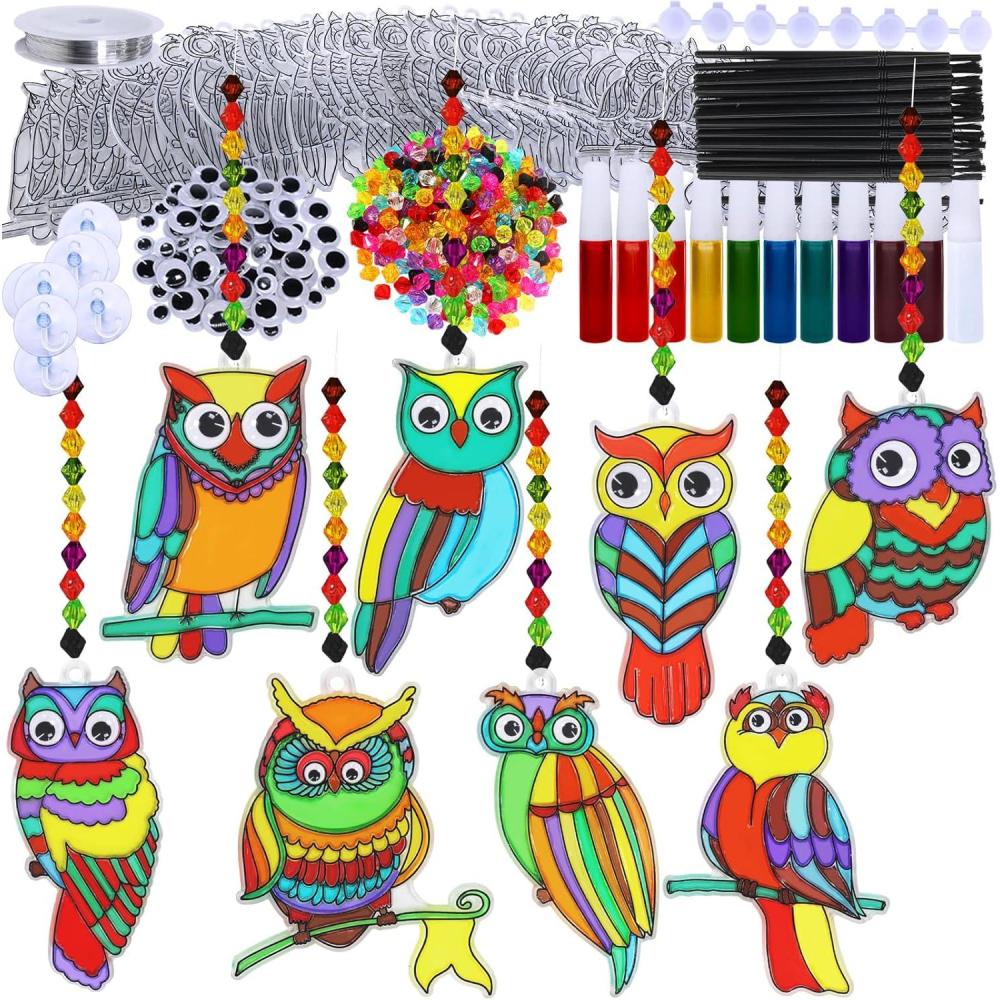 imageWinlyn 24 Sets Owl Suncatchers Ornaments Decorations DIY Window Paint Art Suncatchers Owl Craft Kits Sun Catchers for Kids Home Classroom Winter Holiday Season Fall Christmas Activities Party Favors