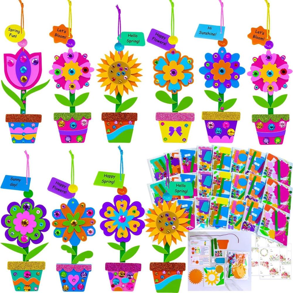 imageWinlyn 24 Sets Potted Flower Craft Kits DIY Potted Flower Ornaments Decorations Tulip Sunflower Foam Stickers Arts and Crafts for Kids Classroom Activities Birthday Spring Summer Camping Party Favors