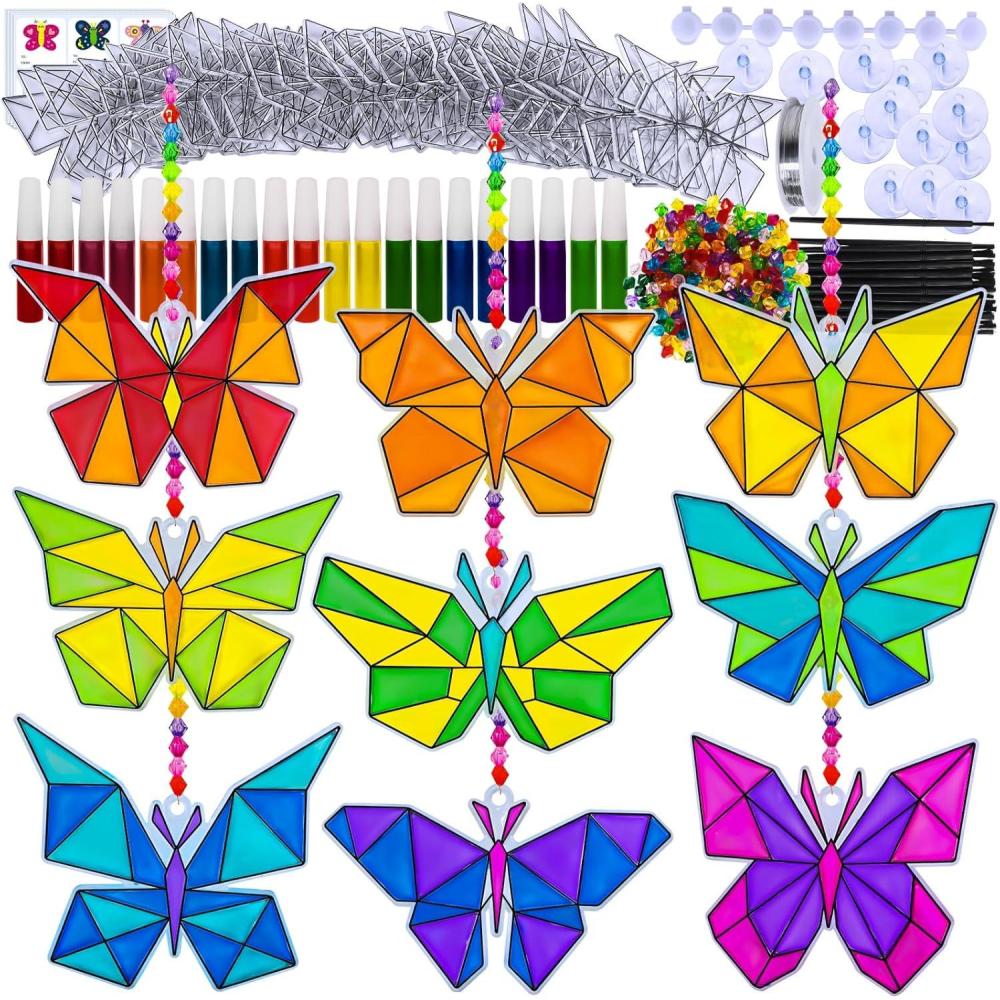 imageWinlyn 27 Sets Butterfly Suncatchers Ornaments Decorations DIY Window Paint Art Craft Kits Rainbow Sun Catchers Painting Kit for Kids Spring Summer Camping Classroom Party Activities Art Project