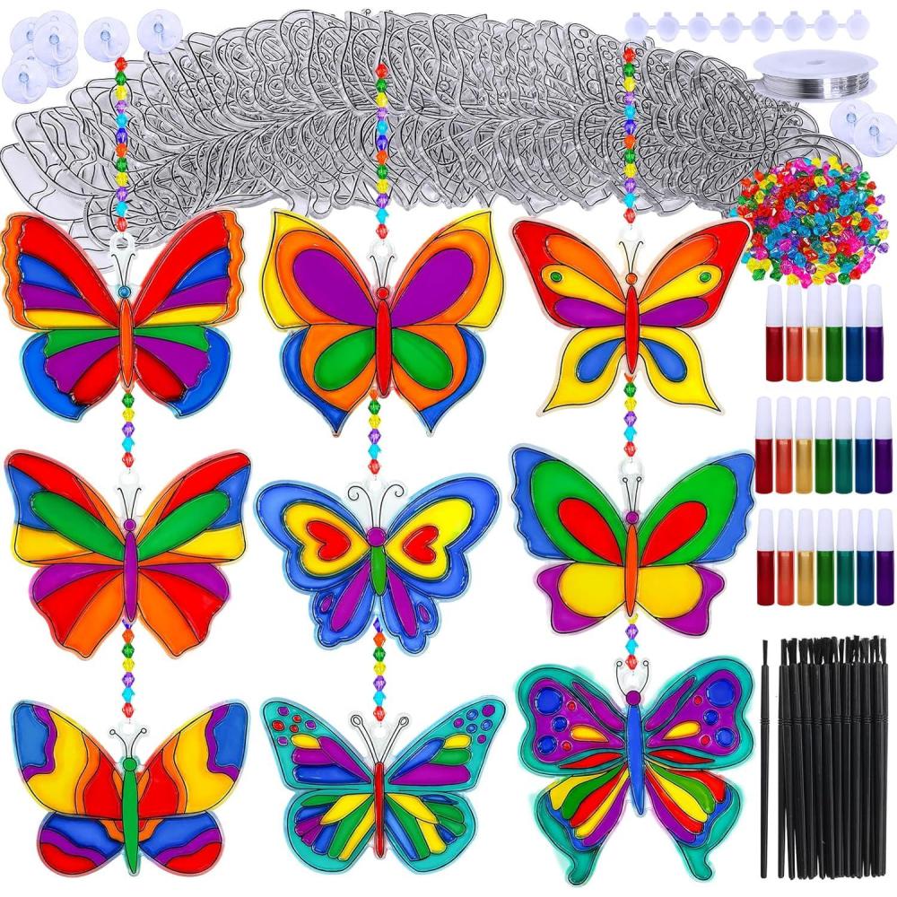 imageWinlyn 27 Sets Butterfly Suncatchers Ornaments Decorations DIY Window Paint Art Sun Catchers Rainbow Butterfly Painting Craft Kits for Kids Spring Summer Camping Party Classroom Activities Art Project