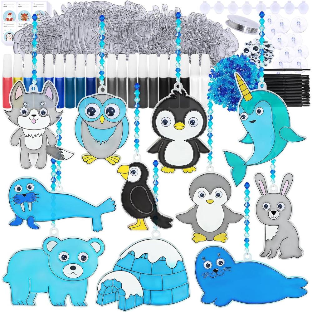 imageWinlyn 33 Sets Winter Polar Animal Suncatchers Ornaments Decorations DIY Window Paint Art Suncatchers Winter Craft Kits Winter Sun Catchers for Kids Christmas Holiday Classroom Activities Art Project