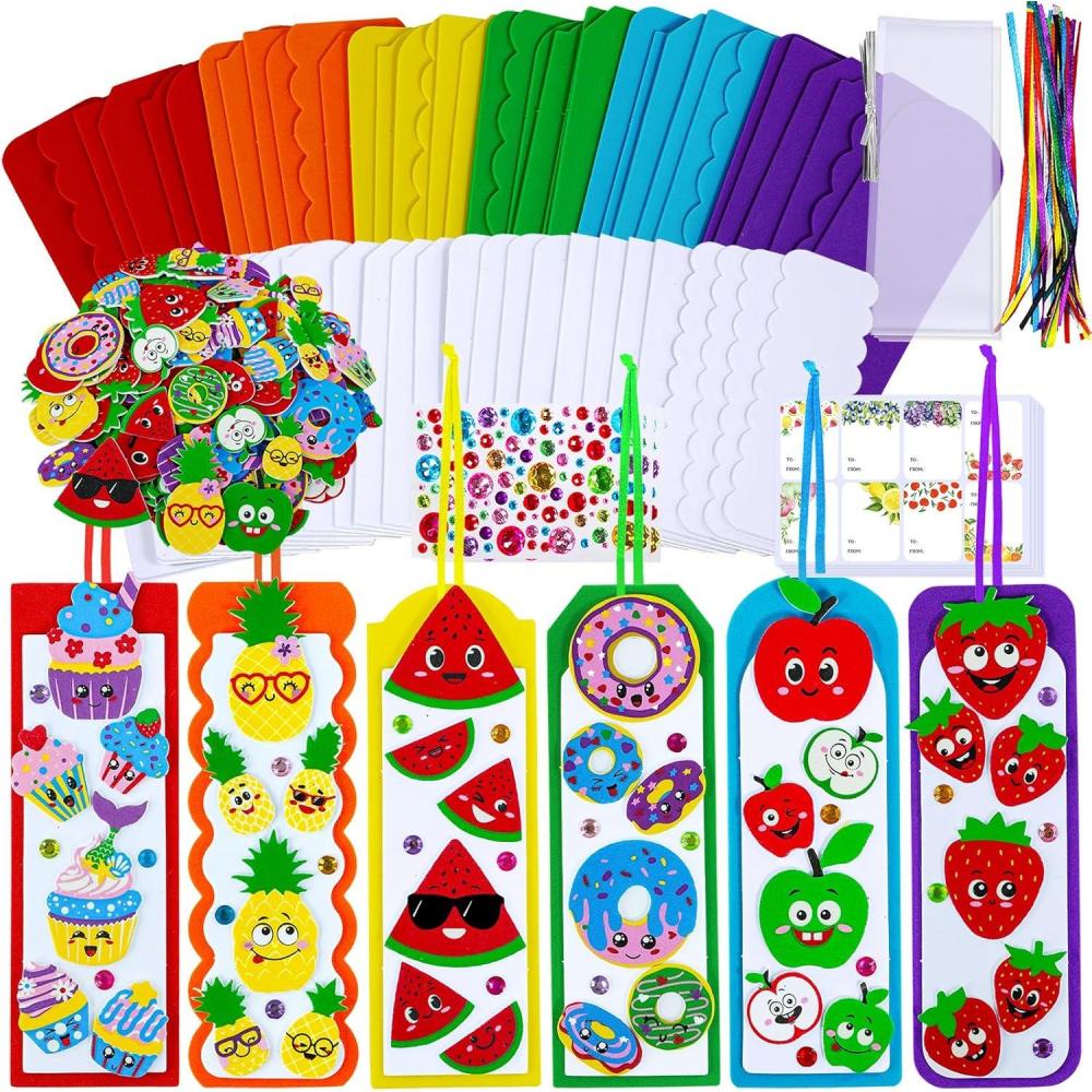 imageWinlyn 36 Sets Fruit Craft Kits Summer Crafts DIY Fruit Dessert Bookmarks Art Sets Apple Pineapple Watermelon Foam Stickers for Kids Teachers Back to School Classroom Activities Rewards Party Favors