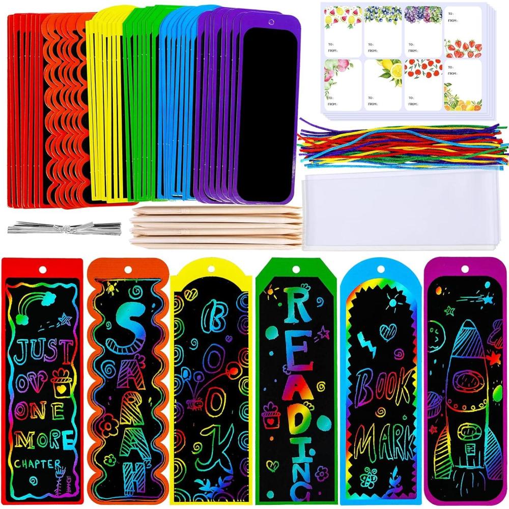 imageWinlyn 48 Sets 6 Styles Magic Color Scratch Bookmarks Craft Kits Rainbow Scratch Paper Art Sets for Kids Students Party Favors DIY Bookmarks Bulk with Scratching Tools Ribbons for Classroom Activities