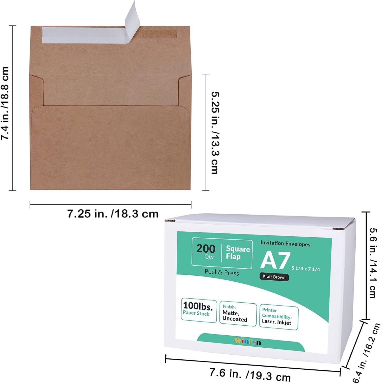 imageWinlyn Brown Kraft 200 Pcs A7 Invitation Envelopes 5 14 x 7 14 Square Flap Envelopes Self Seal 100lb for Wedding Shower Birthday Bussiness Graduation Mailing Announcement 5 x 7 Greeting Cards PhotosBrown Kraft