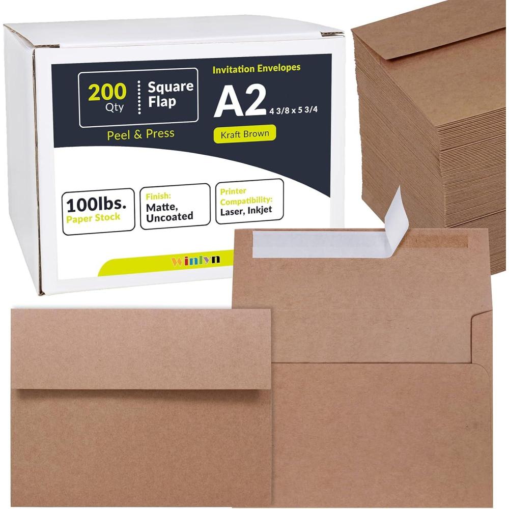 image200 Pcs Bulk A2 Invitation Envelopes in White Peel ampamp Press Self Seal 4 38 x 5 34 Square Flap Envelopes RSVP Return Envelopes 95lb for Announcement Mailing 4x5 Greeting Cards Photo 14 Fold CardsBrown Kraft