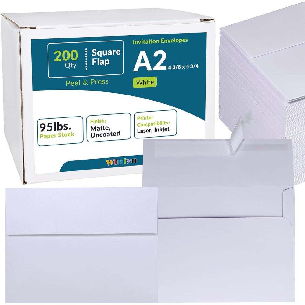 image200 Pcs Bulk A2 Invitation Envelopes in White Peel ampamp Press Self Seal 4 38 x 5 34 Square Flap Envelopes RSVP Return Envelopes 95lb for Announcement Mailing 4x5 Greeting Cards Photo 14 Fold CardsWhite
