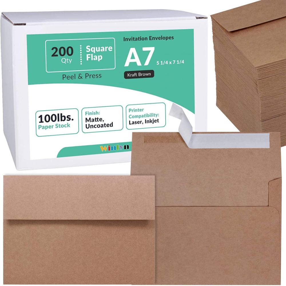 imageWinlyn Brown Kraft 200 Pcs A7 Invitation Envelopes 5 14 x 7 14 Square Flap Envelopes Self Seal 100lb for Wedding Shower Birthday Bussiness Graduation Mailing Announcement 5 x 7 Greeting Cards PhotosBrown Kraft