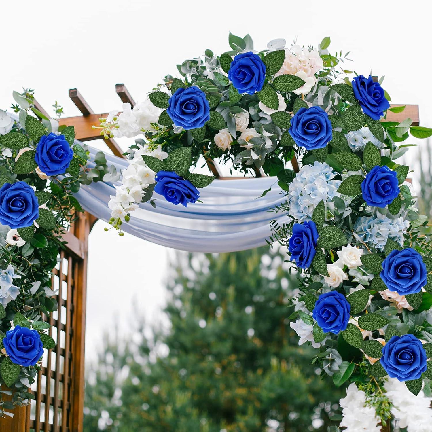 imageWinlyn 50 Pcs Real Looking Artificial Rose Flowers with Stems ampamp Silk Leaves Bulk Red Pink White for Wedding Bouquets Centerpieces Baby ampamp Bridal Showers Valentines Day Mothers Day DIY Floral DecorRoyal Blue