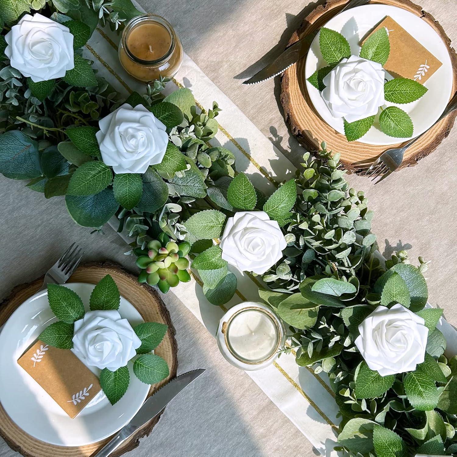 imageWinlyn 50 Pcs Real Looking Artificial Rose Flowers with Stems ampamp Silk Leaves Bulk Red Pink White for Wedding Bouquets Centerpieces Baby ampamp Bridal Showers Valentines Day Mothers Day DIY Floral DecorWhite