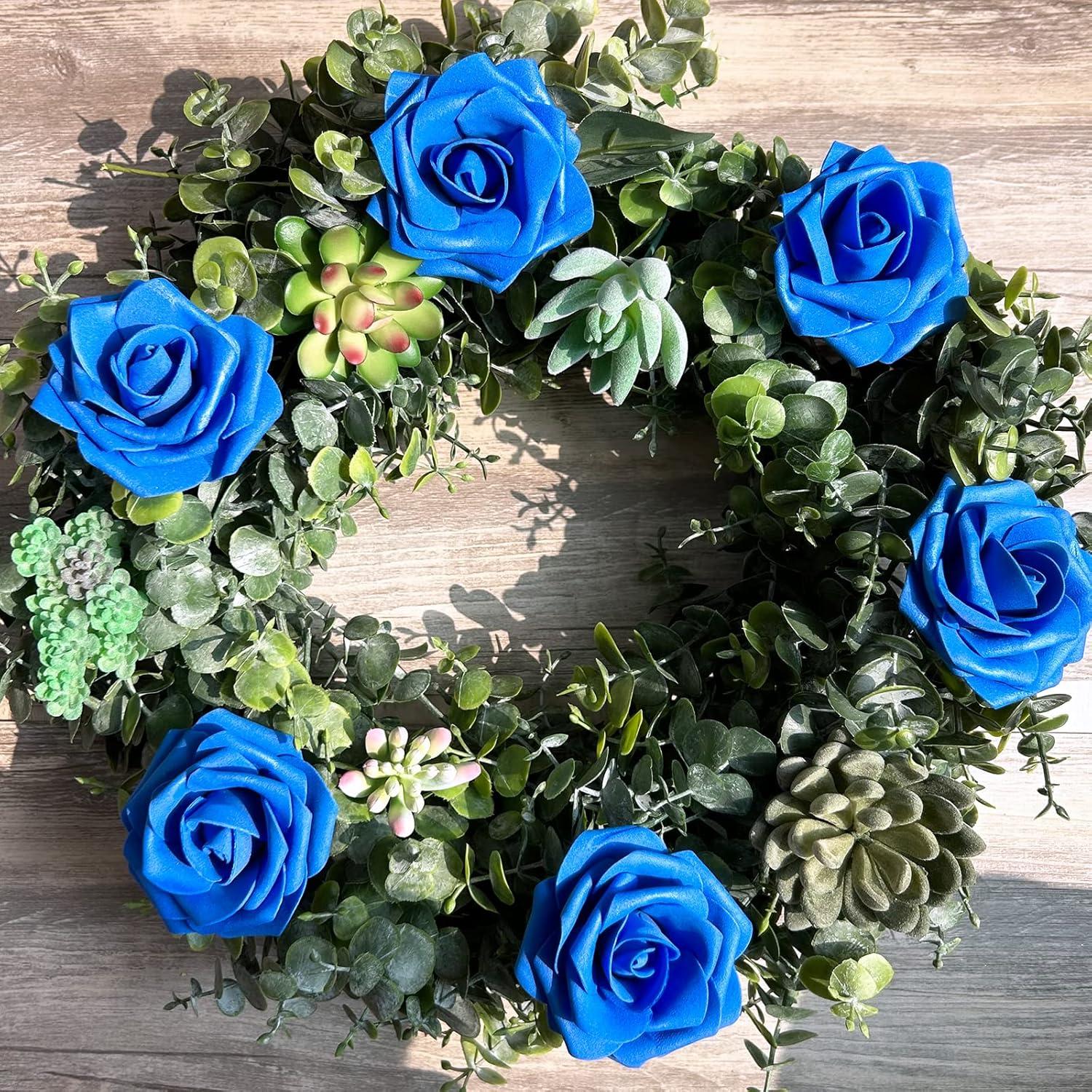 imageWinlyn 50 Pcs Real Looking Artificial Rose Flowers with Stems ampamp Silk Leaves Bulk Red Pink White for Wedding Bouquets Centerpieces Baby ampamp Bridal Showers Valentines Day Mothers Day DIY Floral DecorRoyal Blue