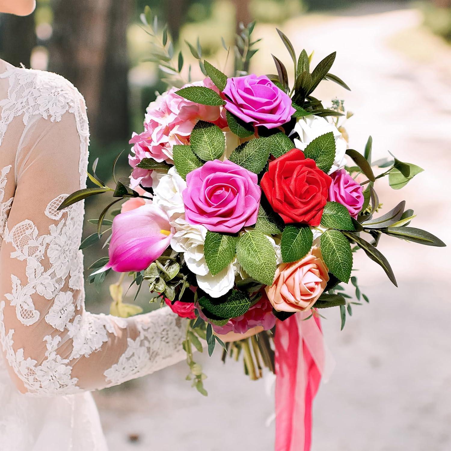 imageWinlyn 50 Pcs Real Looking Artificial Rose Flowers with Stems ampamp Silk Leaves Bulk Red Pink White for Wedding Bouquets Centerpieces Baby ampamp Bridal Showers Valentines Day Mothers Day DIY Floral DecorMulti Color