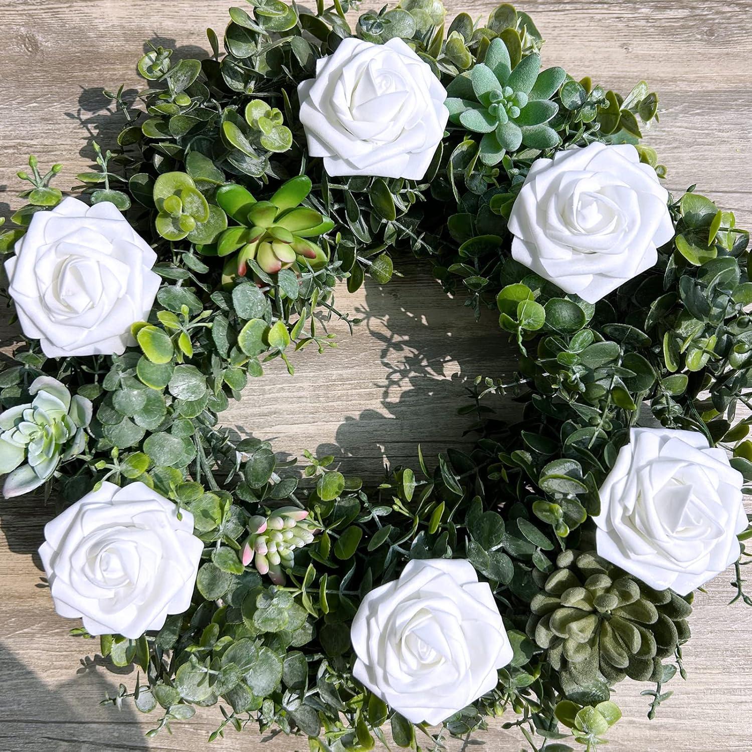 imageWinlyn 50 Pcs Real Looking Artificial Rose Flowers with Stems ampamp Silk Leaves Bulk Red Pink White for Wedding Bouquets Centerpieces Baby ampamp Bridal Showers Valentines Day Mothers Day DIY Floral DecorWhite