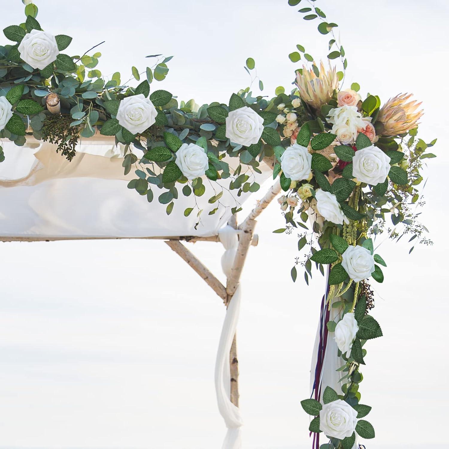 imageWinlyn 50 Pcs Real Looking Artificial Rose Flowers with Stems ampamp Silk Leaves Bulk Red Pink White for Wedding Bouquets Centerpieces Baby ampamp Bridal Showers Valentines Day Mothers Day DIY Floral DecorWhite