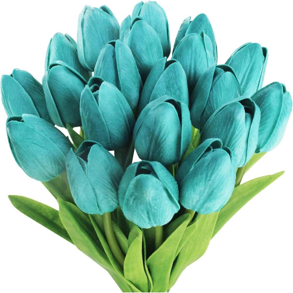 image20 Pcs Artificial Turquoise Tulip Flowers Faux Tulip Stems PU Real Touch Tulips 128quot Tall for Easter Spring Vase Wedding Bouquets Floral Arrangements Wreath Table Centerpiece Indoor Outdoor DecorTurquoise