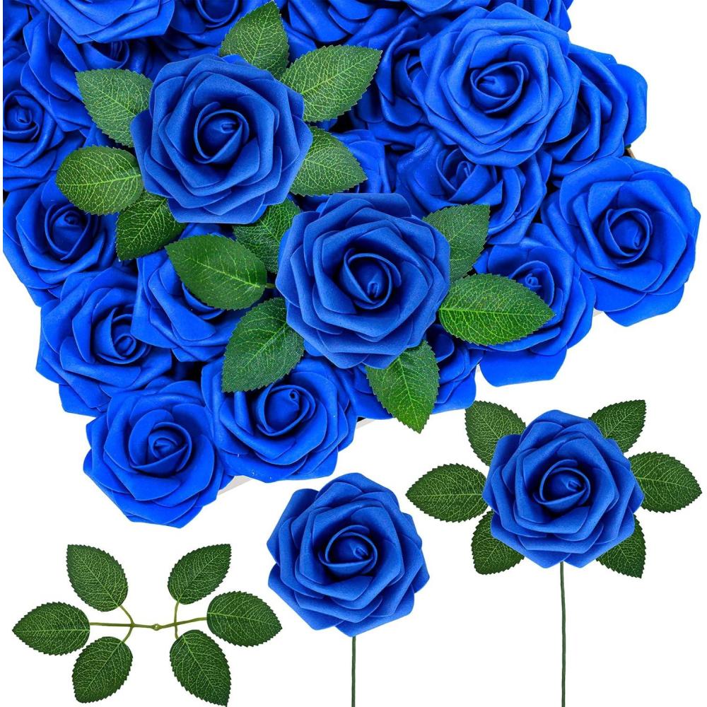 imageWinlyn 50 Pcs Real Looking Artificial Rose Flowers with Stems ampamp Silk Leaves Bulk Red Pink White for Wedding Bouquets Centerpieces Baby ampamp Bridal Showers Valentines Day Mothers Day DIY Floral DecorRoyal Blue