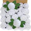 Winlyn 50 Pcs Real Looking Artificial Rose Flowers with Stems & Silk Leaves Bulk- Red, Pink, White for Wedding Bouquets Centerpieces Baby & Bridal Showers Valentine’s Day Mother’s Day DIY Floral Decor(White)