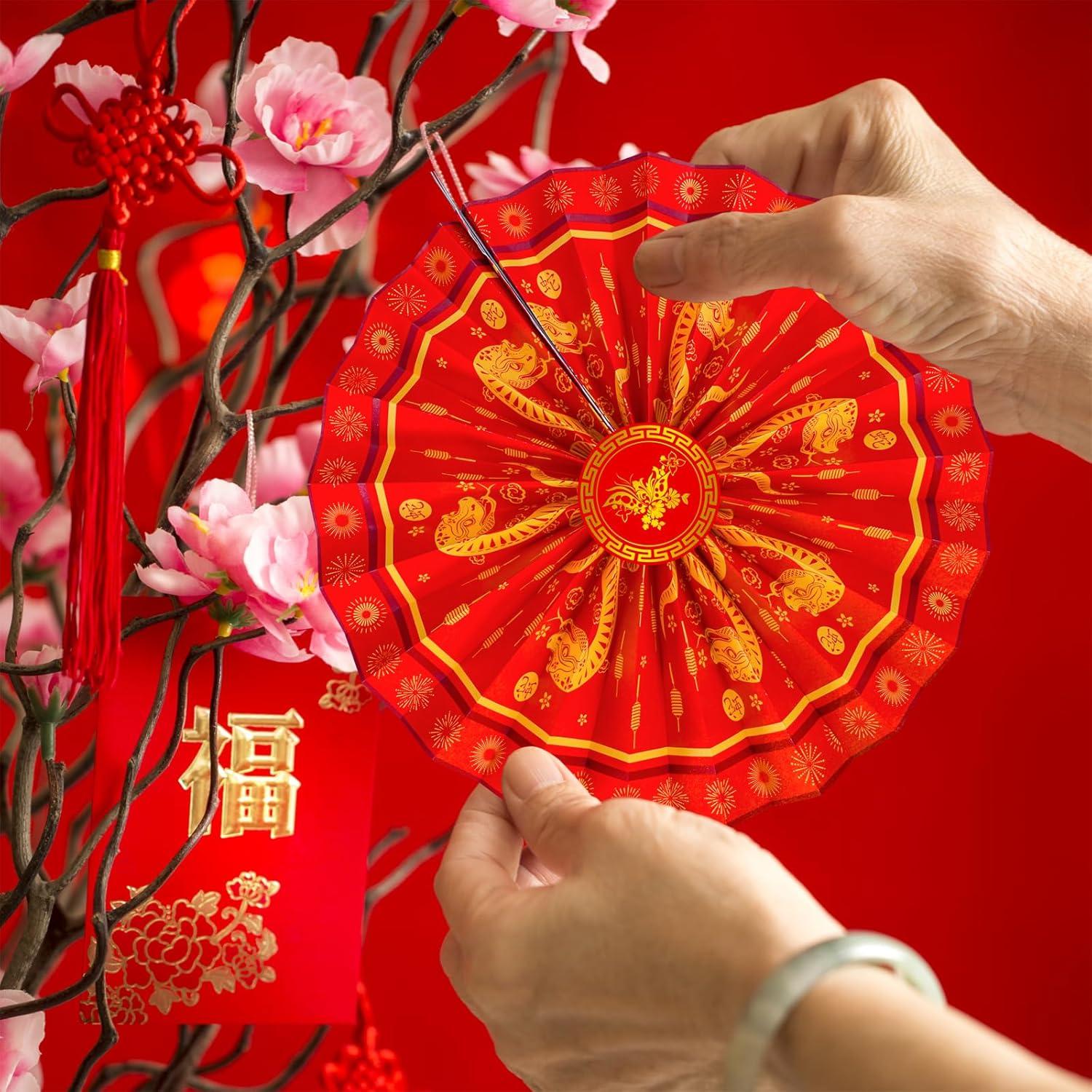 imageWinlyn 21 Pcs Bulk Chinese Red Lanterns Oriental Hanging Lucky Paper Fans New Year Banner for Asian Lunar New Year The Year of Snake Festival Wedding 2025 Decor