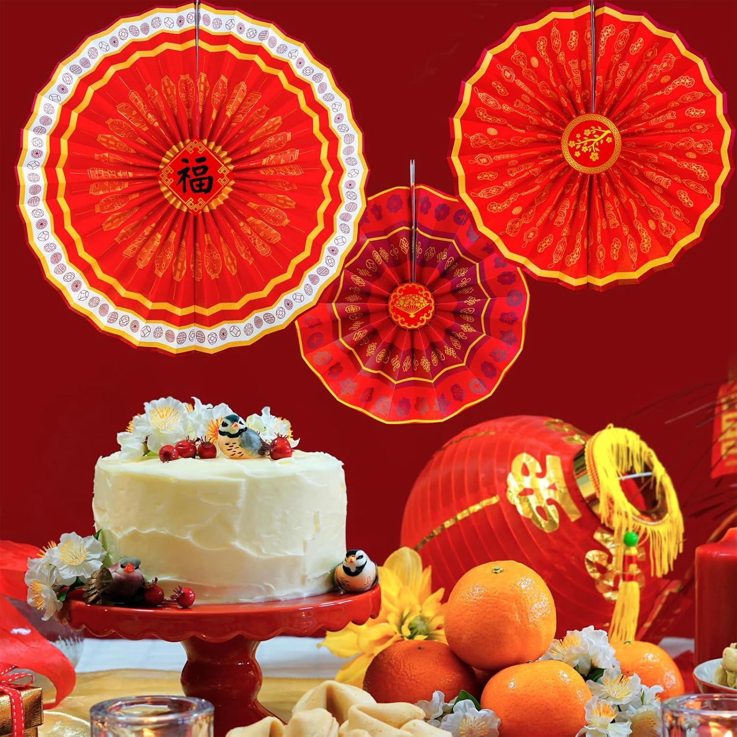 imageWinlyn 21 Pcs Bulk Chinese Red Lanterns Oriental Hanging Lucky Paper Fans New Year Banner for Asian Lunar New Year The Year of Snake Festival Wedding 2025 Decor