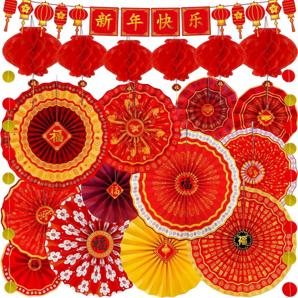 imageWinlyn 21 Pcs Bulk Chinese Red Lanterns Oriental Hanging Lucky Paper Fans New Year Banner for Asian Lunar New Year The Year of Snake Festival Wedding 2025 Decor