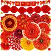Winlyn 21 Pcs Bulk Chinese Red Lanterns Oriental Hanging Lucky Paper Fans New Year Banner for Asian Lunar New Year The Year of Snake Festival Wedding 2025 Decor