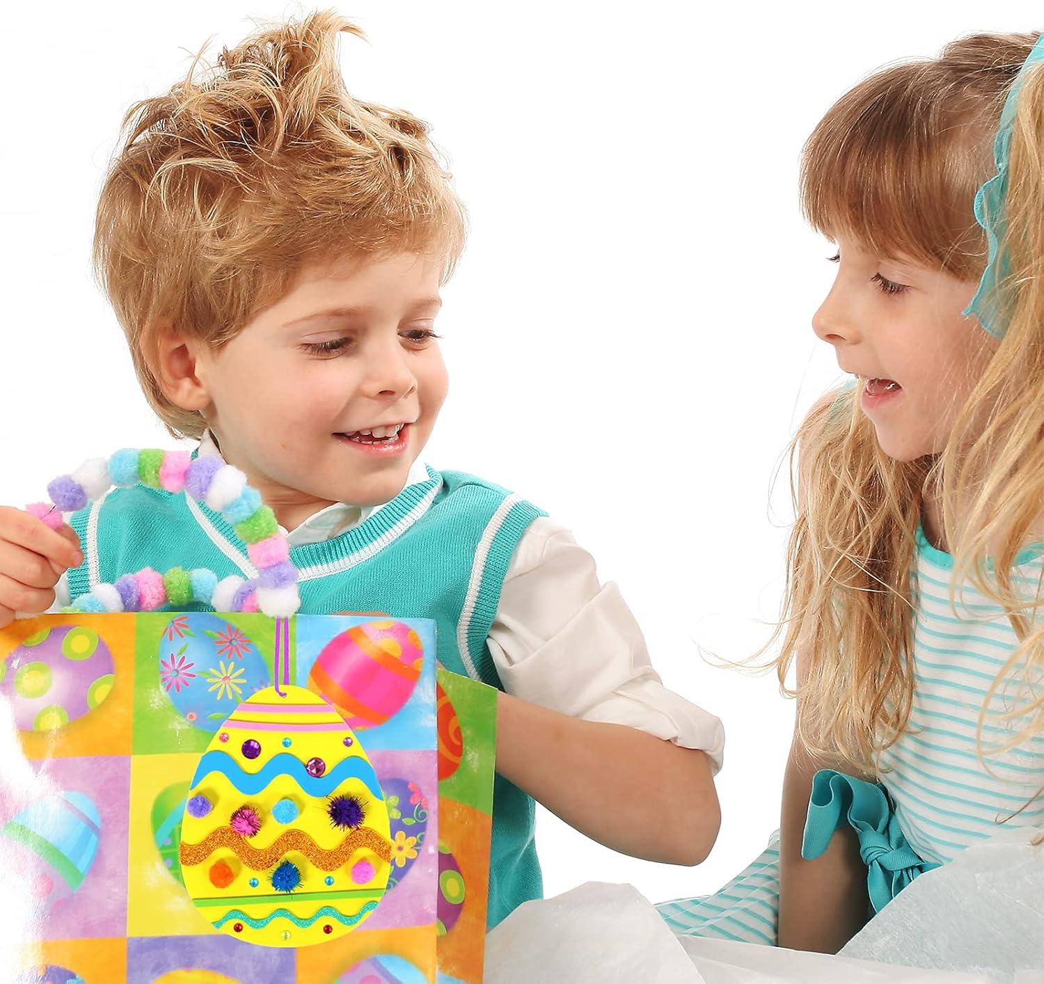 image24 Sets Easter Egg Ornaments Decorations DIY 3D Easter Craft Kits Assorted Egg Shaped Foam Cutouts Easter Foam Stickers Pompoms for Kids Party Favors Easter Spring Classroom Activity Art Project