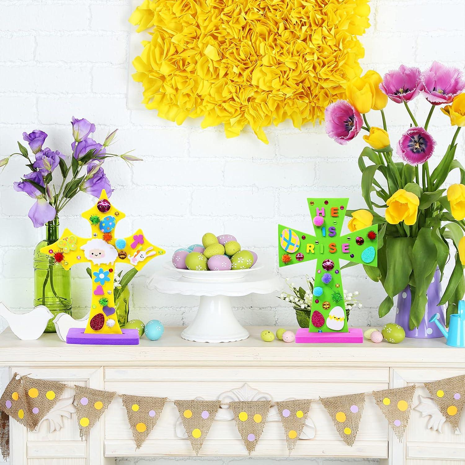 imageWinlyn 18 Sets Easter Cross Decorations Craft Kits Assorted Cross Foam Cutouts Egg Bunny Chick Foam Stickers Pompoms for Kids Classroom Sunday School VBS Activity Art Project