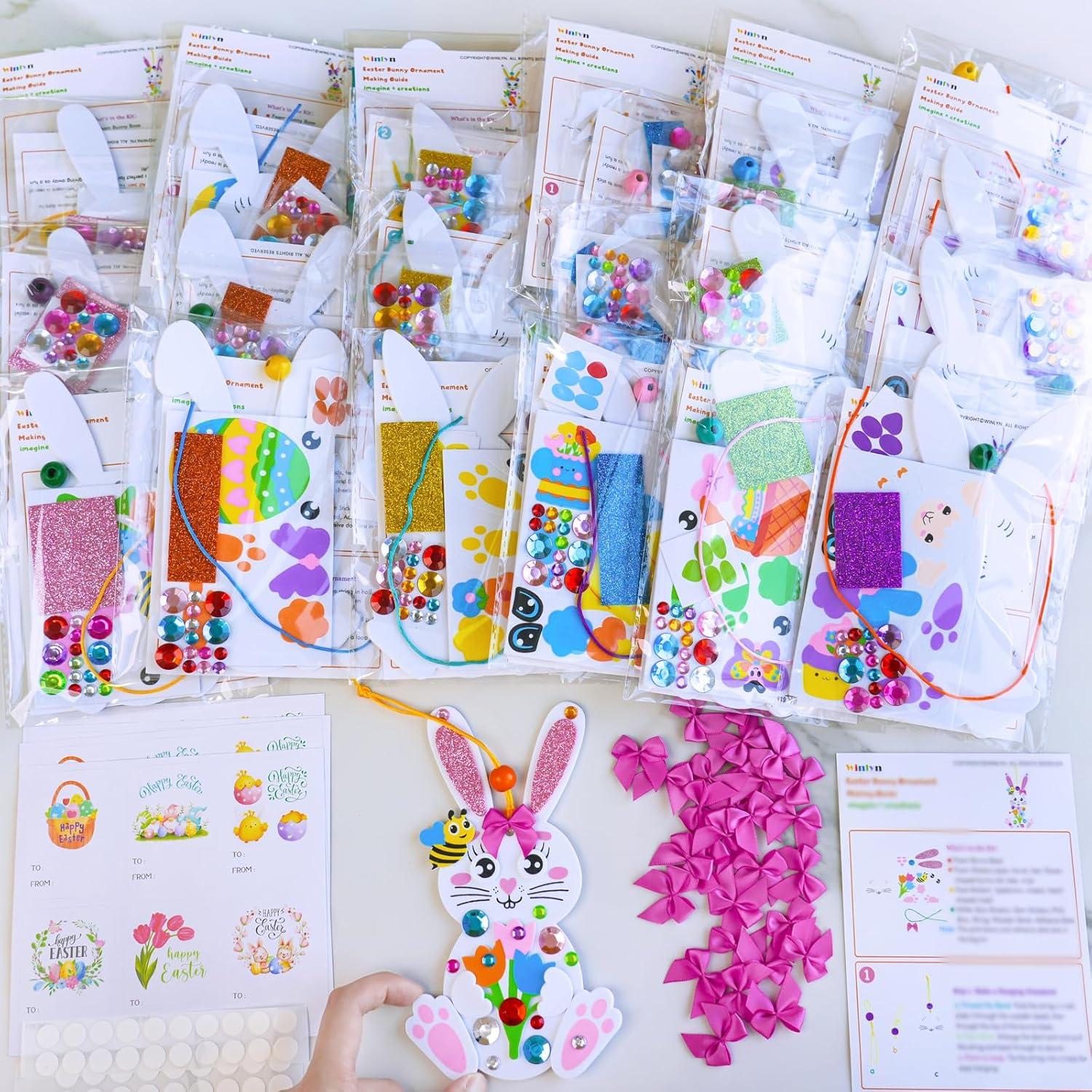 imageWinlyn 24 Sets Easter Craft Kits Spring Crafts DIY Bunny Ornaments Decorations Rabbit Foam Stickers Arts and Crafts for Kids Home Classroom Activities Party Favors Art Projects