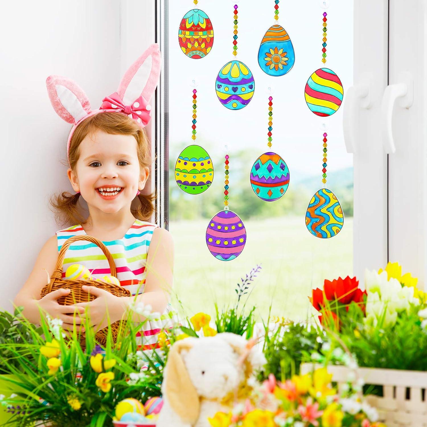 imageWinlyn 24 Sets Easter Egg Suncatchers Ornaments Decorations DIY Window Paint Art Suncatchers Egg Sun Catchers Painting Craft Kits for Kids Classroom Spring Party Activities Art Project