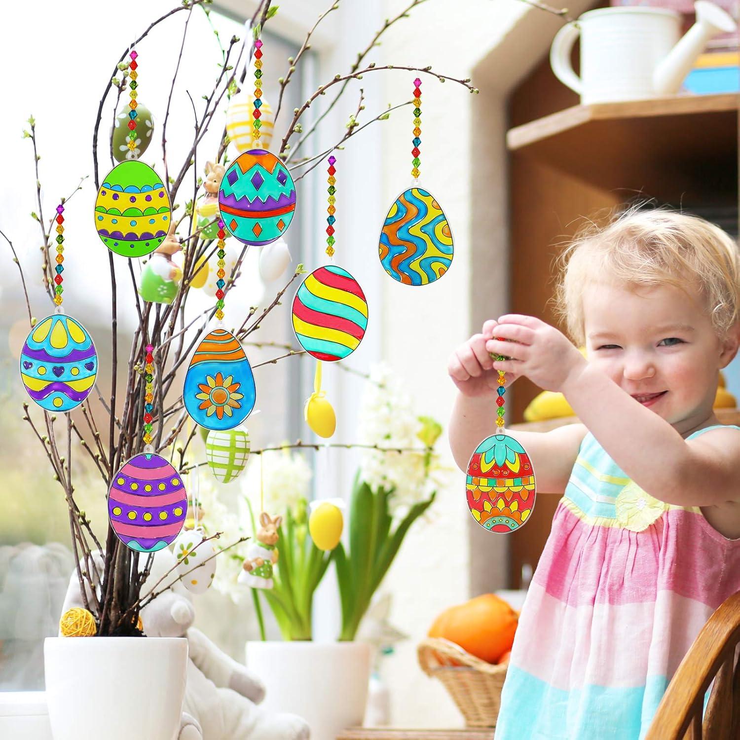 imageWinlyn 24 Sets Easter Egg Suncatchers Ornaments Decorations DIY Window Paint Art Suncatchers Egg Sun Catchers Painting Craft Kits for Kids Classroom Spring Party Activities Art Project