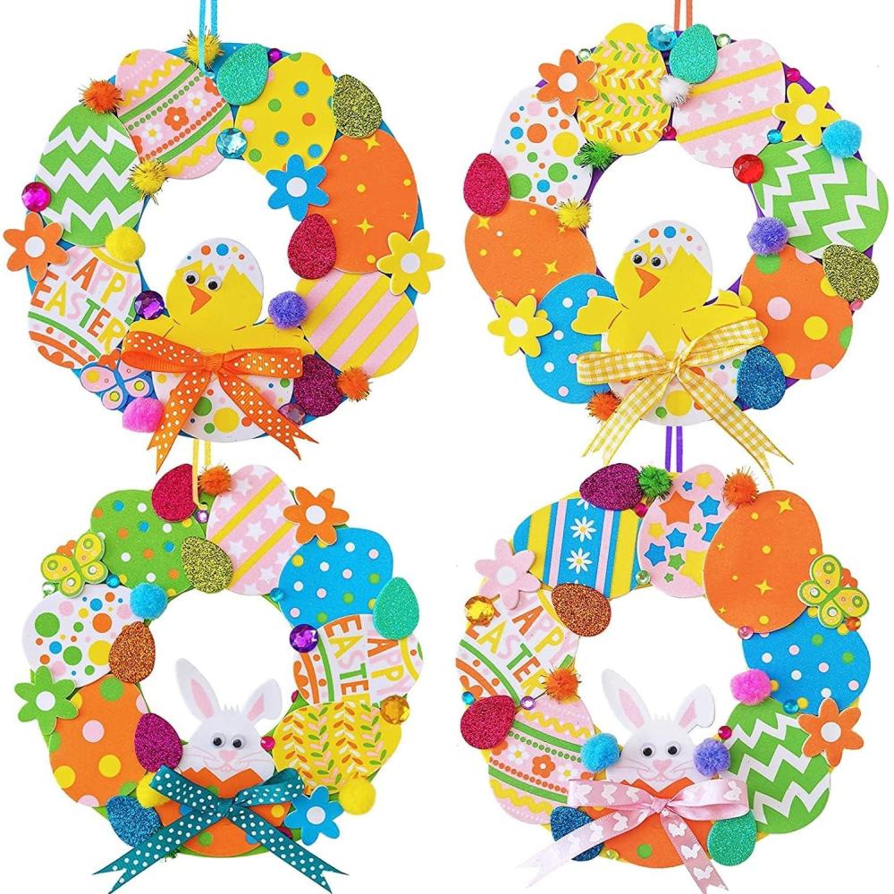 image12 Sets Easter Wreath Signs Decorations DIY Foam Easter Craft Kits Easter Eggs Bunny Chick Foam Stickers PomPoms Googly Eyes for Kids Classroom Home Activity Art Project Gift Easter Front Door Dcor