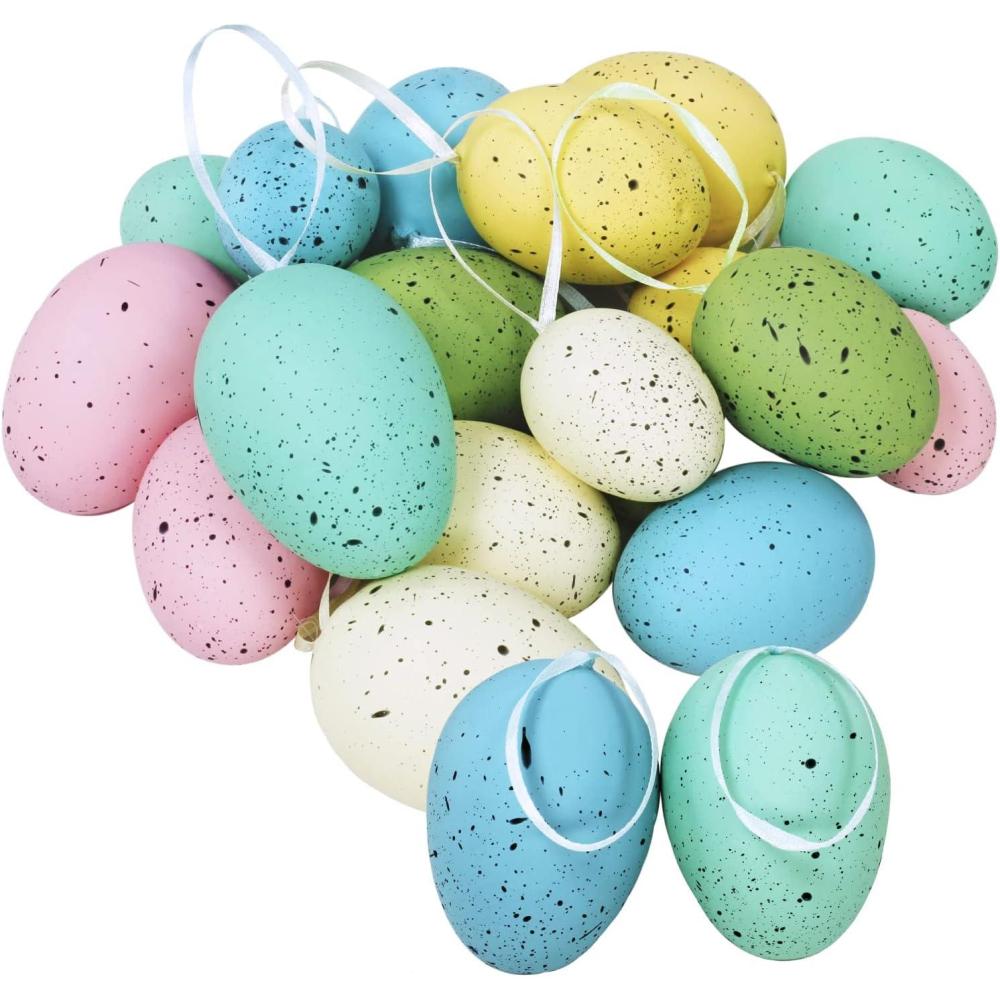 image18 Pcs 3 Sizes 6 Colors Hanging Foam Speckled Eggs Ornaments Decorative Eggs in Transparent Packing Box with Faux Grass for Easter Tree Decorations Basket Filler