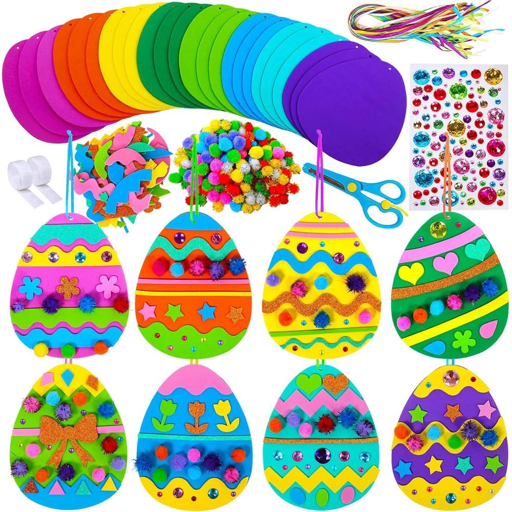 image24 Sets Easter Egg Ornaments Decorations DIY 3D Easter Craft Kits Assorted Egg Shaped Foam Cutouts Easter Foam Stickers Pompoms for Kids Party Favors Easter Spring Classroom Activity Art Project