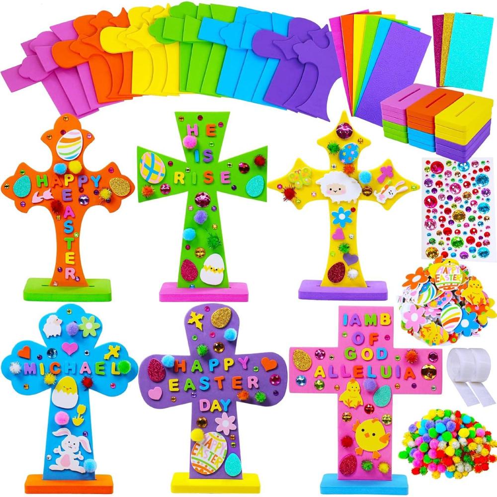 imageWinlyn 18 Sets Easter Cross Decorations Craft Kits Assorted Cross Foam Cutouts Egg Bunny Chick Foam Stickers Pompoms for Kids Classroom Sunday School VBS Activity Art Project
