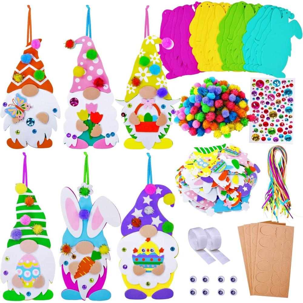 imageWinlyn 24 Sets Easter Decorations DIY 3D Gnome Ornaments Easter Craft Kits Assorted Foam Easter Gnome Ornaments Easter Stickers for Kids Party Favors Easter Spring Classroom Home Activity Art Project