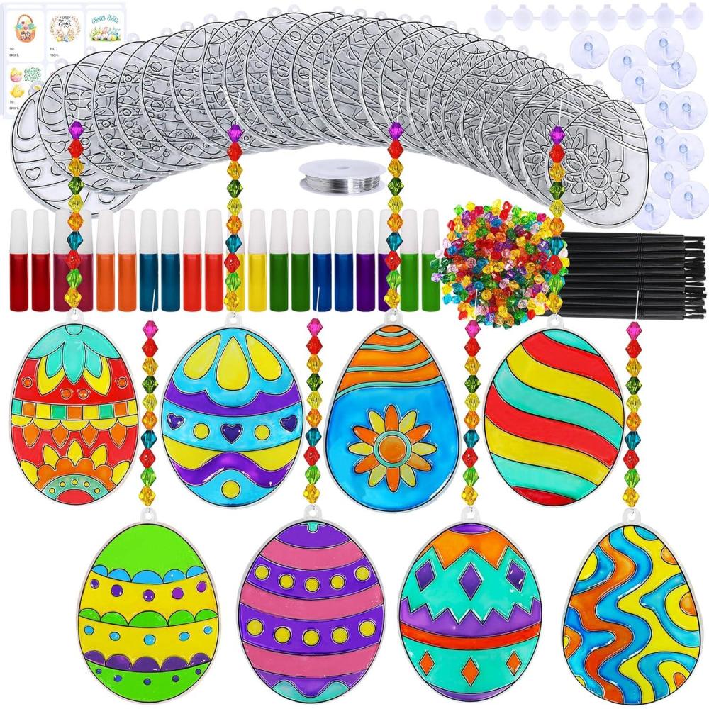 imageWinlyn 24 Sets Easter Egg Suncatchers Ornaments Decorations DIY Window Paint Art Suncatchers Egg Sun Catchers Painting Craft Kits for Kids Classroom Spring Party Activities Art Project