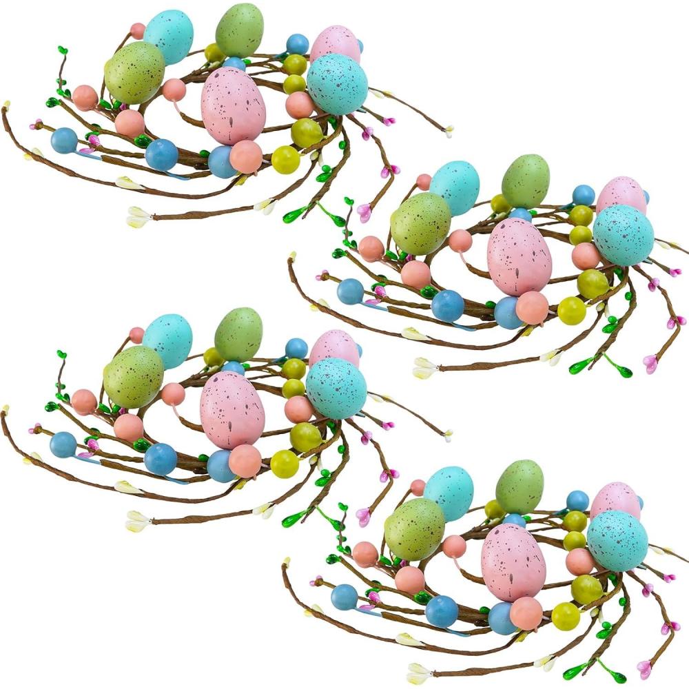 imageWinlyn 4 Pcs Easter Egg Candle Rings Wreaths Spring Egg and Pip Berry Candle Rings Artificial Easter Egg Candle Holder Mini Wreaths 95quot Wide for Easter Spring Holiday Home Kitchen Table Centerpiece