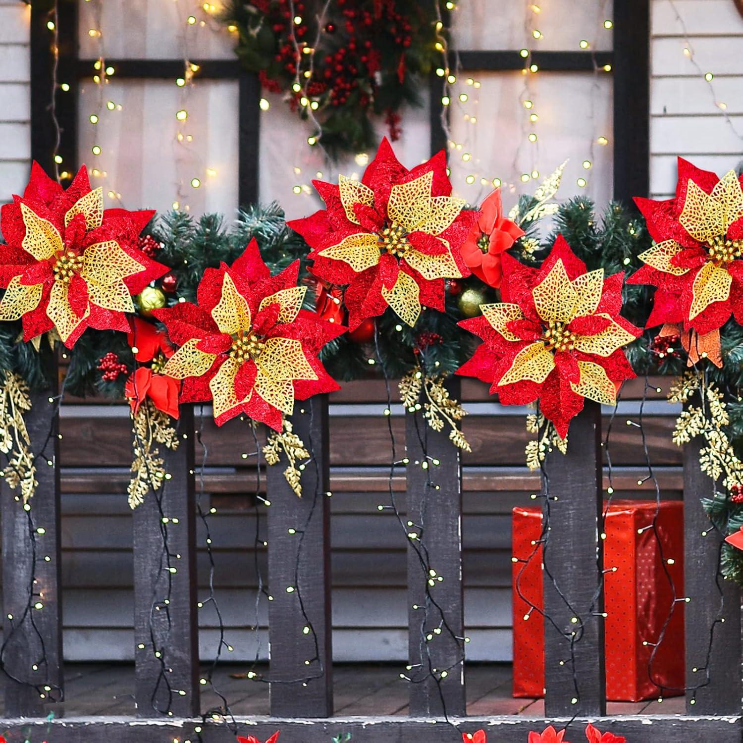 image14 Set 87quot Wide 4 Layers Christmas Blue Glitter Poinsettia Flowers Picks Christmas Tree Ornaments for Blue Christmas Tree Wreaths Garland Holiday Seasonal Festive Navidad Decoration Gift Box IncludedRed