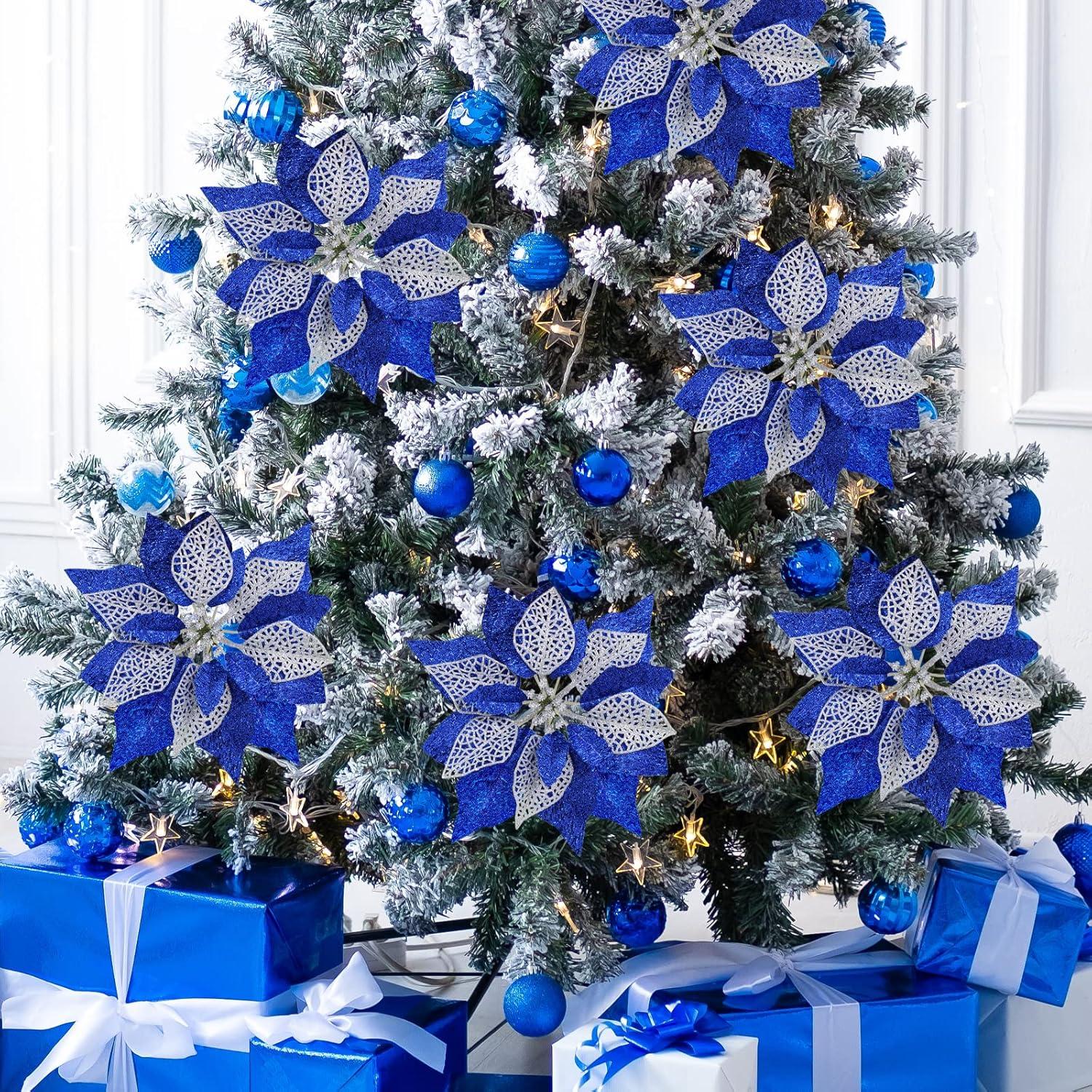image14 Set 87quot Wide 4 Layers Christmas Blue Glitter Poinsettia Flowers Picks Christmas Tree Ornaments for Blue Christmas Tree Wreaths Garland Holiday Seasonal Festive Navidad Decoration Gift Box IncludedBlue