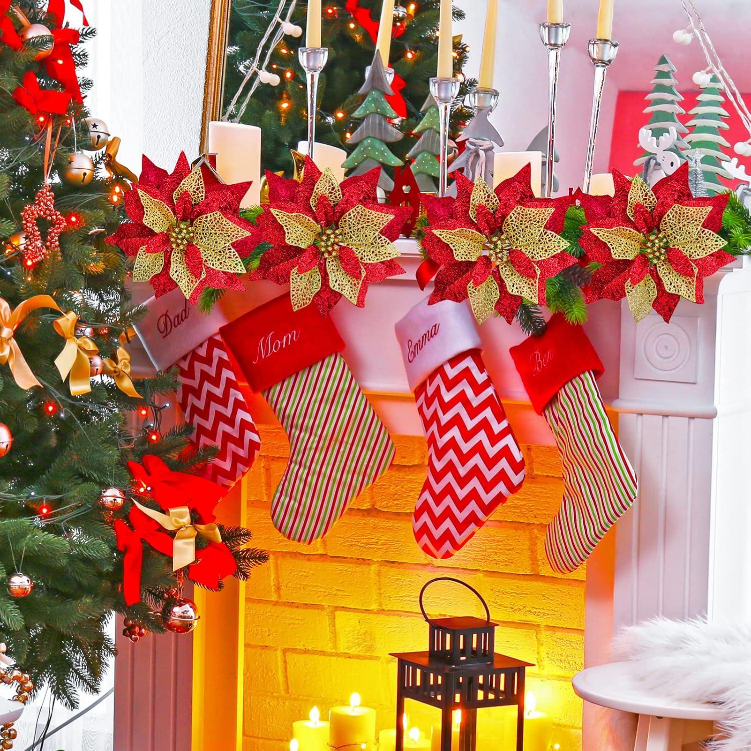 image14 Set 87quot Wide 4 Layers Christmas Blue Glitter Poinsettia Flowers Picks Christmas Tree Ornaments for Blue Christmas Tree Wreaths Garland Holiday Seasonal Festive Navidad Decoration Gift Box IncludedRed