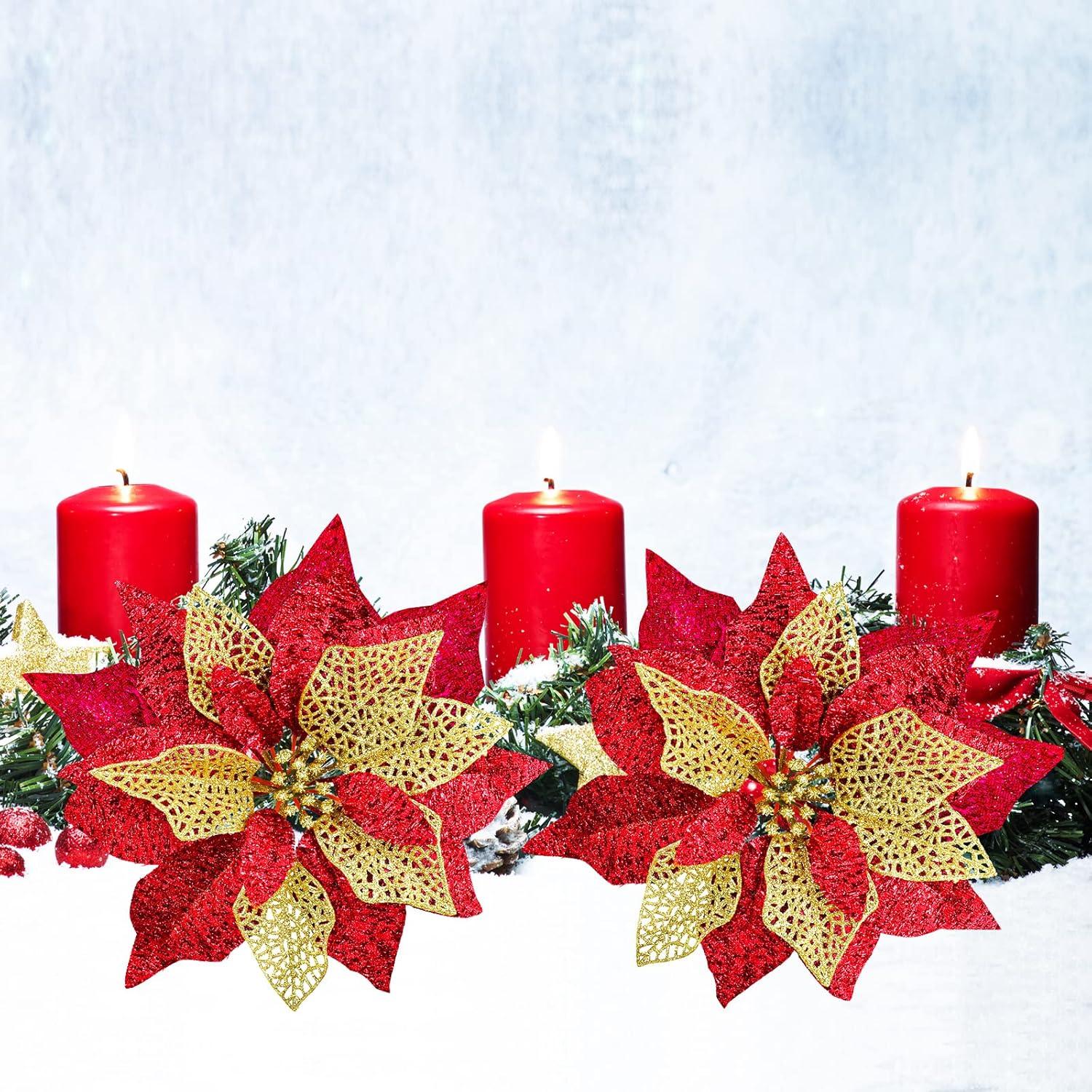 image14 Set 87quot Wide 4 Layers Christmas Blue Glitter Poinsettia Flowers Picks Christmas Tree Ornaments for Blue Christmas Tree Wreaths Garland Holiday Seasonal Festive Navidad Decoration Gift Box IncludedRed