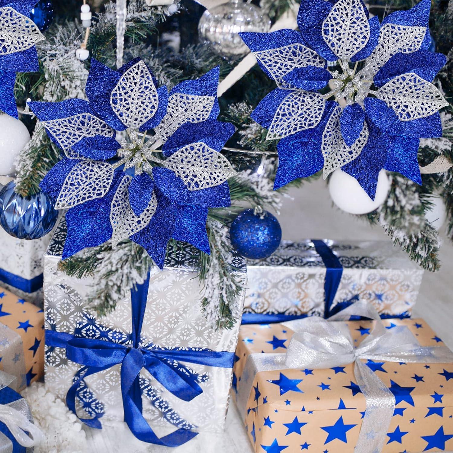 image14 Set 87quot Wide 4 Layers Christmas Blue Glitter Poinsettia Flowers Picks Christmas Tree Ornaments for Blue Christmas Tree Wreaths Garland Holiday Seasonal Festive Navidad Decoration Gift Box IncludedBlue