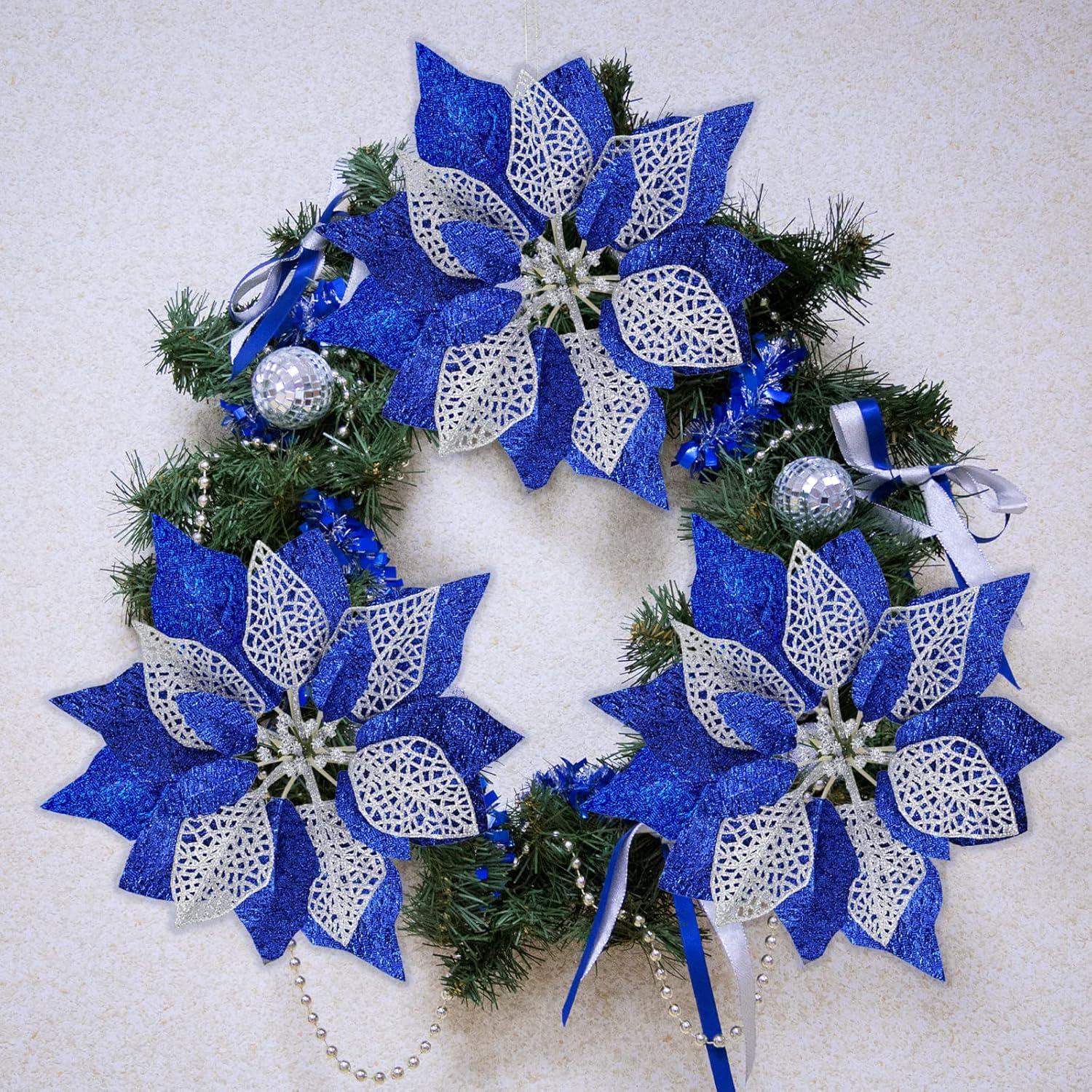 image14 Set 87quot Wide 4 Layers Christmas Blue Glitter Poinsettia Flowers Picks Christmas Tree Ornaments for Blue Christmas Tree Wreaths Garland Holiday Seasonal Festive Navidad Decoration Gift Box IncludedBlue